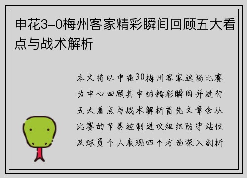 申花3-0梅州客家精彩瞬间回顾五大看点与战术解析